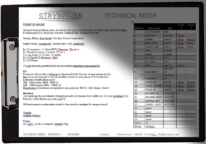 Technical Rider by Strydegor describing information on front of house, stage plot, monitoring and band members